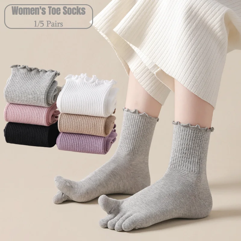 Toe Sock Split - 1/5 คู่ ถุงเท้าห้านิ้วสำหรับผู้หญิง ขอบระบาย ผ้าฝ้ายร่องนุ่ม ถุงเท้าโยคะแยกนิ้วเท้า