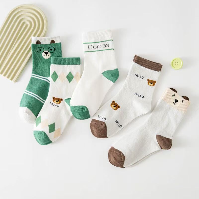 Cotton Crew Sock Pack - ถุงเท้าผ้าฝ้ายลายการ์ตูนหมีสำหรับเด็กเล็ก แพ็ค 5 คู่ นุ่ม ยืดหยุ่น